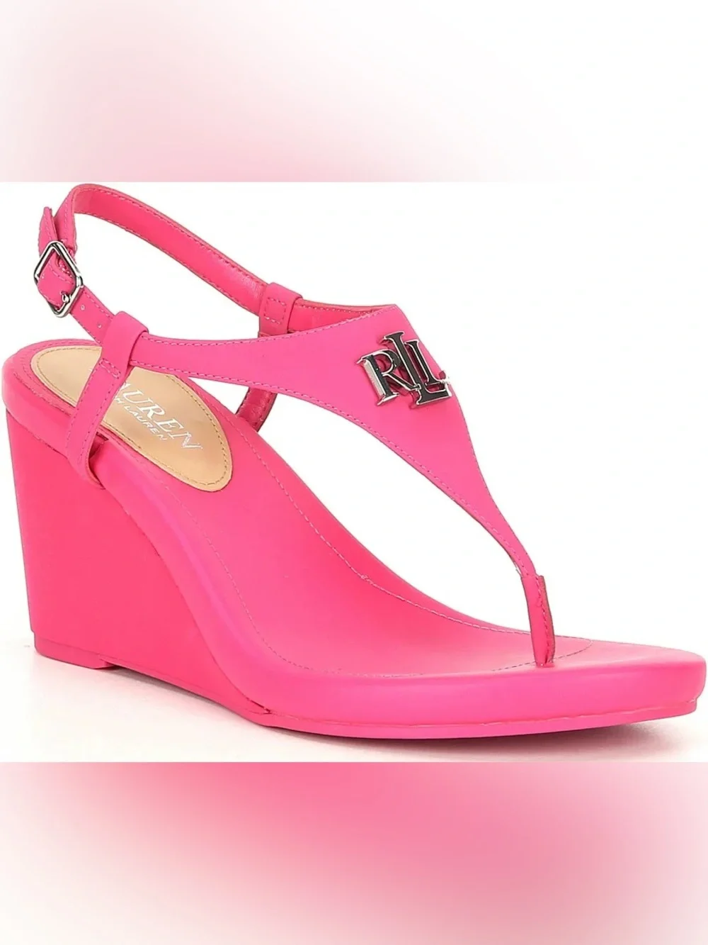 Ralph Lauren Jeannie Hot Pink low Wedge dressy designer hamptons Thong Sandals 8